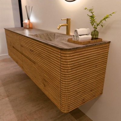 Mondiaz CIRO-DLUX Meuble de salle de bains - 190x45x50cm - Plan-vasque en solid surface Oza - 1 lavabo à droite - 1 trou de robinetterie - 4 tiroirs - Chêne