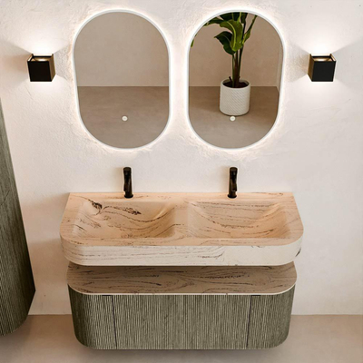 MONDIAZ THOR-DLUX 120cm meuble de salle de bains arrondi gauche + droite couleur Shadow avec 1 tiroir et 2 portes. Vasque suspendue CLOUD Double 2 trous de robinet couleur Arena.