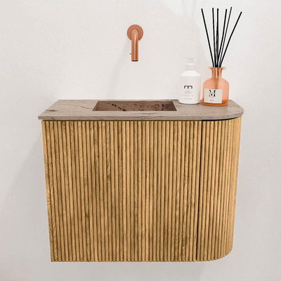 Mondiaz JOYA-DLUX 51.6cm toiletmeubel - ronding rechts kleur Oak - Wastafel FAYE positie Links Zonder kraangat kleur Arena.