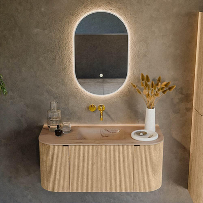 MONDIAZ KURVE-DLUX Meuble de salle de bains 100cm arrondi gauche + droite couleur Chêne avec 1 tiroir et 2 portes. Lavabo GRUNNE Milieu sans trou de robinet Arena.