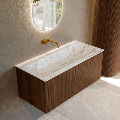 MONDIAZ KURVE-DLUX 100cm badmeubel kleur Walnut met 1 lade. Wastafel BIG MEDIUM midden zonder kraangat kleur Glace.