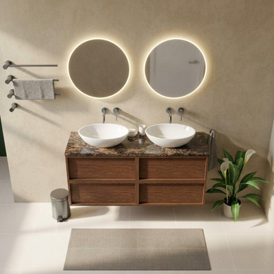 Saniclass Holz Frame Ensemble de meubles de salle de bains - 140x45x63cm - Plan de travail en pierre naturelle Noche Dark Emperador - sans trou de robinet - 4 tiroirs - brillant walnut pure (bois)