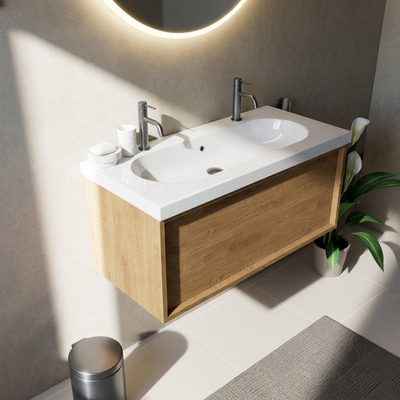 Saniclass Holz Frame Ensemble meuble de salle de bains - 100x45x43.5cm - Lavabo en céramique Palermo blanc - 1 vasque - 2 trous de robinetterie - 1 tiroir - chêne natural mat (bois)