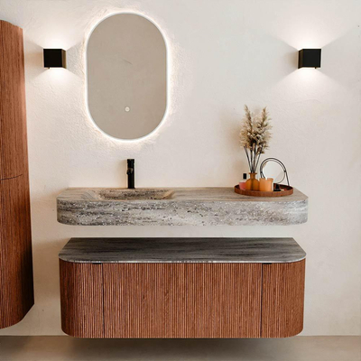 MONDIAZ THOR-DLUX 130cm meuble de salle de bains arrondi gauche + droite couleur Ruby avec 1 tiroir et 2 portes. Vasque suspendue CLOUD Gauche 1 trou de robinet couleur Oza.