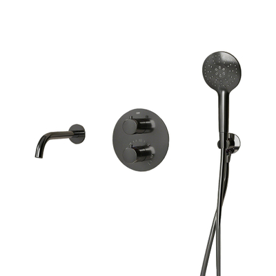 Fortifura Calvi Badkraan set - uitloop - 22cm inkortbaar - rond bedienigspaneel - gladde slang - ronde handdouche - inbouwdeel - wandhouder - PVD - geborsteld gunmetal (antraciet)