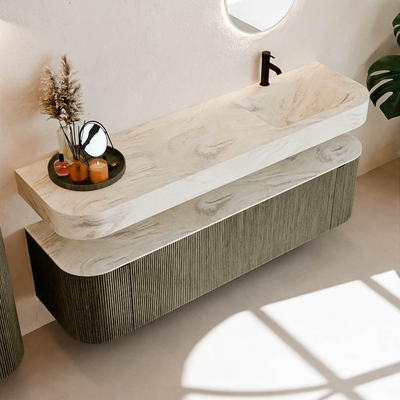 MONDIAZ THOR-DLUX Meuble de salle de bains 170cm arrondi gauche + droite couleur Shadow avec 1 tiroir et 2 portes. Vasque suspendue CLOUD Droite 1 trou de robinet couleur Ostra.