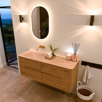 Mondiaz CIRO-DLUX Badkamermeubelset - 130x45x50cm - Solid surface wastafel Saba - 1 wasbak Links - zonder kraangaten - 4 lades - Oak