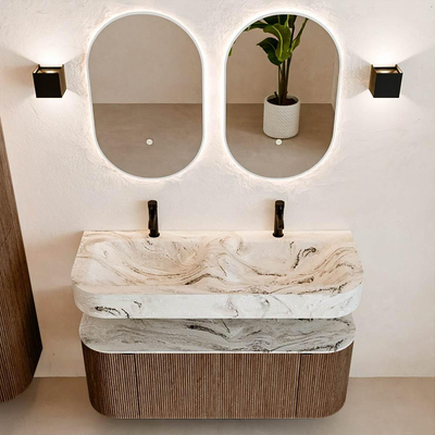 MONDIAZ THOR-DLUX 120cm meuble de salle de bains arrondi gauche + droite couleur Walnut avec 1 tiroir et 2 portes. Vasque suspendue CLOUD Double 2 trous de robinet couleur Glace.