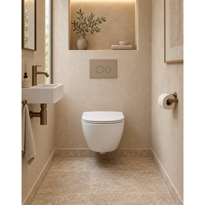 QeramiQ Dely Swirl Ensemble WC Compact - réservoir encastré QeramiQ flush - abattant slim - plaque de commande en plastique taupe - boutons ronds - blanc mat
