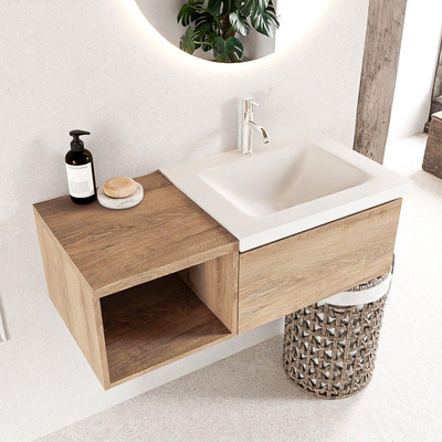 MONDIAZ BUKLA 100cm badmeubel met open module 40 kleur Washed Oak met 1 lade. Wastafel CLOUD rechts 1 kraangat kleur Talc.