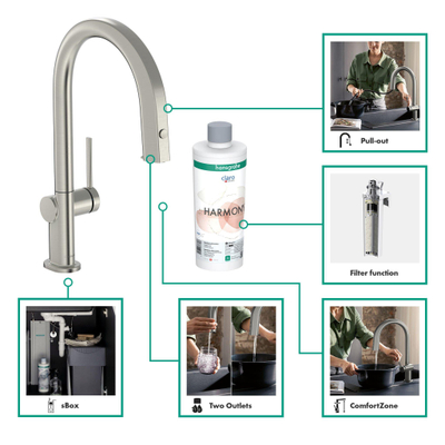 Hansgrohe Aqittura M91 Filter systeem - 210 uittrekbare uitloop - 1jet - sbox - rvs look