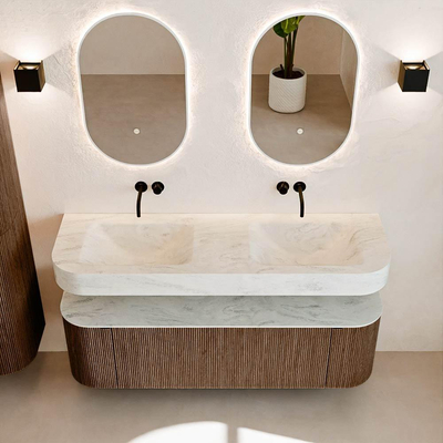 MONDIAZ THOR-DLUX 150cm meuble de salle de bains arrondi gauche + droite couleur Walnut avec 1 tiroir et 2 portes. Vasque suspendue CLOUD Double sans trou de robinet couleur Opalo.