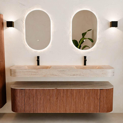 MONDIAZ THOR-DLUX Meuble de salle de bains 170cm arrondi gauche + droite couleur Ruby avec 1 tiroir et 2 portes. Vasque suspendue CLOUD Double 2 trous de robinet couleur Saba.