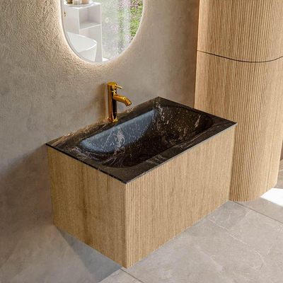 MONDIAZ KURVE-DLUX 70cm badmeubel kleur Oak met 1 lade. Wastafel BIG SMALL midden 1 kraangat kleur Lava.
