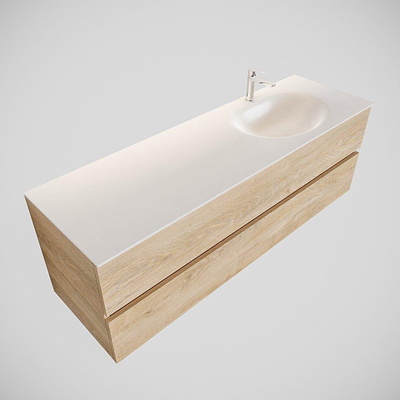 ENSEMBLE DE MEUBLE MONDIAZ VICA - 150 cm - 2 tiroirs - lavabo Moon à droite - 1 trou de robinet - solid surface chêne blanchi