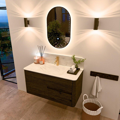 Mondiaz CIRO-DLUX Meuble de salle de bains - 100x45x50cm - Vasque en solid surface Opalo - 1 lavabo au milieu - 1 trou de robinetterie - 2 tiroirs - Shadow