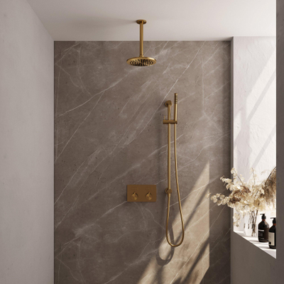 BRAUER Gold Edition Thermostatische Regendouche inbouw - drukknoppen - SET 65 - 20cm hoofddouche - plafondarm - staaf handdouche - doucheslang - geïntegreerde glijstang - goud geborsteld PVD