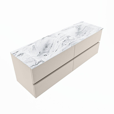 Mondiaz VICA-DLUX Ensemble de meuble de salle de bain - 150cm - meuble sous-vasque lin - 4 tiroirs - lavabo encastrée cloud double - sans trous de robinet - version haute de 60cm - glace