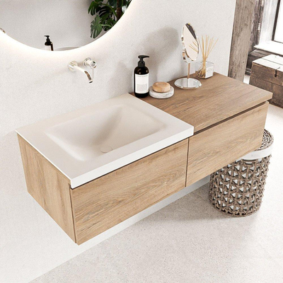 MONDIAZ BUKLA Meuble de salle de bains 120 cm avec module 60 couleur Washed Oak avec 2 tiroirs. Lavabo CLOUD gauche 0 trous de robinet couleur Talc.