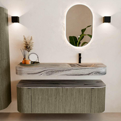 MONDIAZ THOR-DLUX 140cm meuble de salle de bains arrondi gauche + droite couleur Shadow avec 1 tiroir et 2 portes. Vasque suspendue CLOUD Droite 1 trou de robinet couleur Sombra.