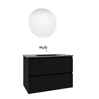 Adema Chaci Meuble salle de bain - 80x46x55cm - 1 vasque en céramique noire - sans trou de robinet - 2 tiroirs - miroir rond avec éclairage - noir mat