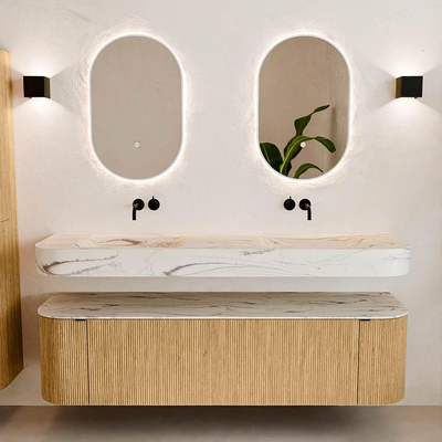 MONDIAZ THOR-DLUX 170cm meuble de salle de bains arrondi gauche + droite couleur Oak avec 1 tiroir et 2 portes. Vasque suspendue CLOUD Double sans trou de robinet couleur Nata.