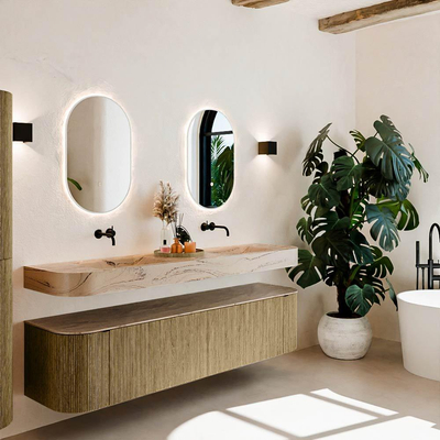 MONDIAZ THOR-DLUX 190cm meuble de salle de bains arrondi gauche + droite couleur Dusk avec 2 tiroirs et 2 portes. Vasque suspendue CLOUD Double sans trou de robinet couleur Arena.