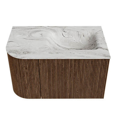 MONDIAZ KURVE-DLUX 75cm Meuble salle de bain avec module 25 G - couleur Walnut - 1 tiroir - 1 porte - vasque GRUNNE droite - sans trou de robinet - couleur Glace