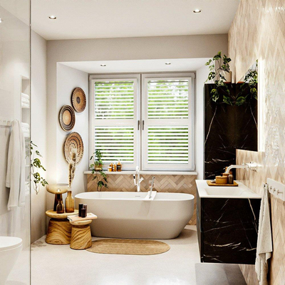 Mondiaz VICA Ensemble de meuble de salle de bain - 120cm - Marquina 4 tiroirs - Lavabo CLOUD - droite - sans trou de robinet - couleur talc - version XL 60cm de haut