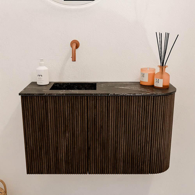 Mondiaz JOYA-DLUX 71.6cm toiletmeubel - ronding rechts kleur Walnut - Wastafel FAYE positie Links Zonder kraangat kleur Lava.