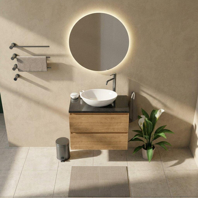 Saniclass Holz Pure Ensemble de meubles de salle de bains - 80x45x63cm - Plan vasque en basalte Noche poli (noir) - 1 trou de robinetterie - 2 tiroirs - chêne naturel mat (bois)