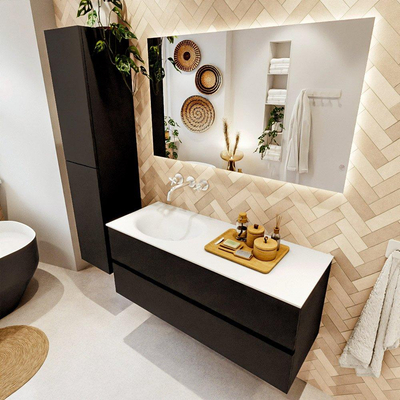 MONDIAZ VICA meuble sous lavabo 120cm Urban 2 tiroirs. Lavabo MOON gauche sans trou de robinet, couleur Talc.