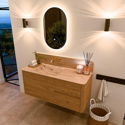 Mondiaz CIRO-DLUX Ensemble meuble de salle de bains - 120x45x50cm - Plan vasque solid surface Arena - 1 vasque à gauche - sans trous pour robinet - 2 tiroirs - Chêne