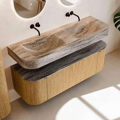 MONDIAZ THOR-DLUX 140cm badmeubel ronding links + rechts kleur Oak met 1 lade en 2 deuren. Vrijhangende wastafel CLOUD Dubbel zonder kraangat kleur Oza.