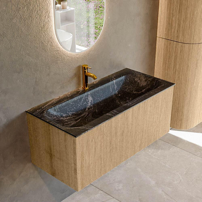 MONDIAZ KURVE-DLUX 100cm badmeubel kleur Oak met 1 lade. Wastafel BIG MEDIUM midden 1 kraangat kleur Lava.