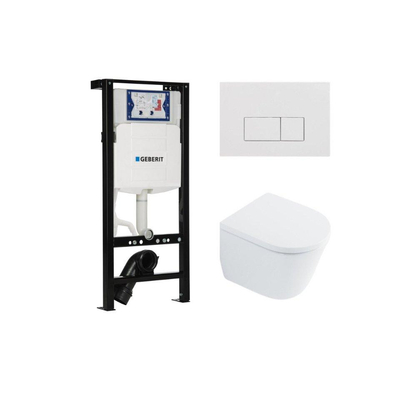 QeramiQ Dely Toiletset - 36.3x51.7cm - diepspoel - rimless - Inbouwreservoir met Geberit UP320 spoelmechanisme - softclose toilet zitting 35 mm - glans witte bedieningsplaat - rechthoekige knoppen - wit glans