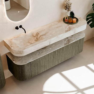 MONDIAZ THOR-DLUX 170cm meuble de salle de bains arrondi gauche + droite couleur Shadow avec 1 tiroir et 2 portes. Vasque suspendue CLOUD Gauche sans trou de robinet couleur Frappe.