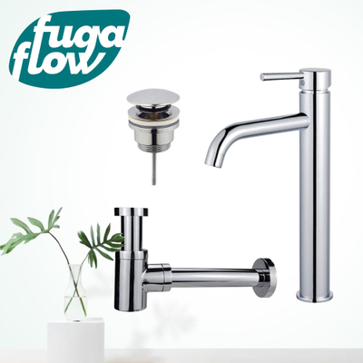 FugaFlow Eccelente Sobrado Kit mitigeur lavabo - robinet rehaussé - bonde clic clac - siphon design bas - Chrome brillant