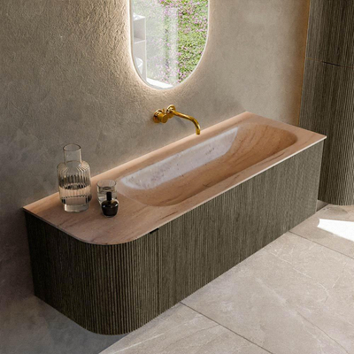 MONDIAZ KURVE-DLUX Meuble de salle de bains 135cm arrondi à gauche couleur Shadow avec 1 tiroir et 1 porte. Lavabo BIG MEDIUM à droite sans trou de robinet Saba.