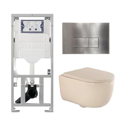 QeramiQ Dely Swirl Ensemble WC- 36.3x51.7cm - Réservoir encastré Geberit UP320 - Abattant de 35mm d'épaisseur - Plaque de commande en inox - Boutons rectangulaires - Beige