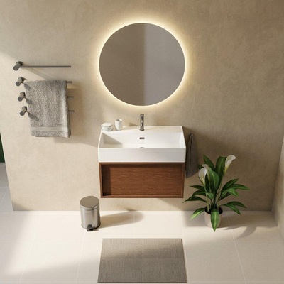 Saniclass Holz Frame Ensemble meuble de salle de bains - 80x45x52cm - lavabo Legend en céramique blanc - 1 vasque - 1 trou de robinetterie - 1 tiroir - walnut pure mat (bois)