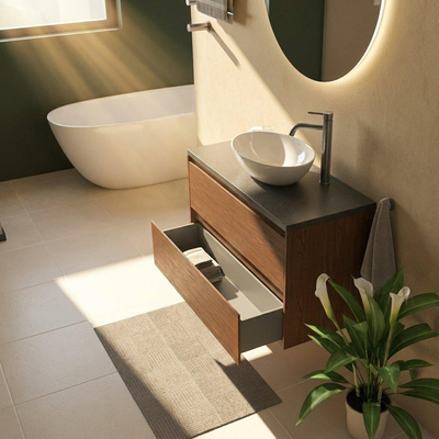 Saniclass Holz Pure Ensemble de meubles de salle de bains - 100x45x63cm - Plan vasque en basalte Noche poli (noir) - 1 trou de robinet - 2 tiroirs - walnut pure mat (bois)