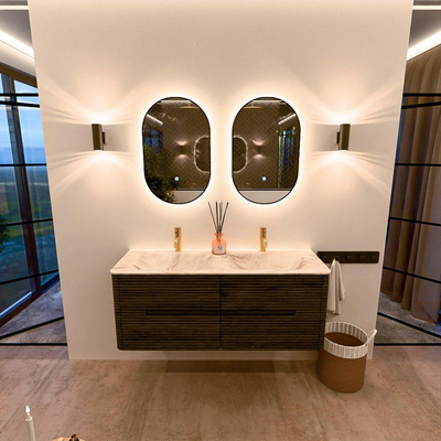 Mondiaz CIRO-DLUX Badkamermeubelset - 130x45x50cm - Solid surface wastafel Frappe - 2 wasbak Dubbel - 2 kraangaten - 4 lades - Shadow