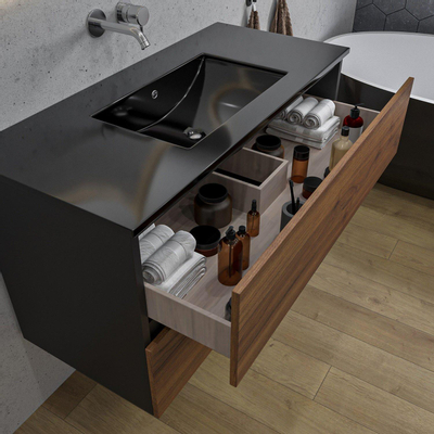Adema Industrial 2.0 Ensemble de meuble 100x45x55cm avec vasque noire en céramique - sans trou de robinet avec trop-plein et miroir rond éclairé - bois/noir