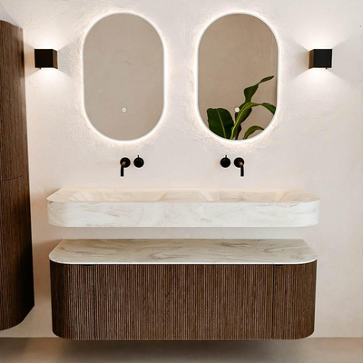 MONDIAZ THOR-DLUX Meuble de salle de bains 140cm arrondi gauche + droite couleur Walnut avec 1 tiroir et 2 portes. Vasque suspendue CLOUD Double sans trou de robinet couleur Ostra.