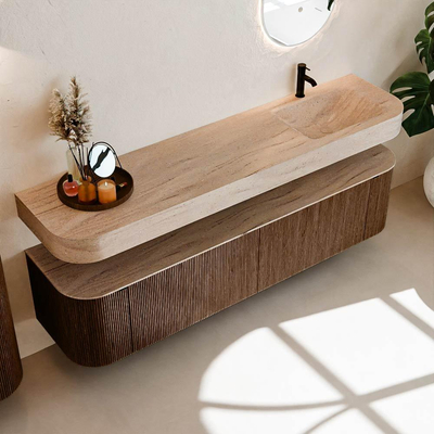 MONDIAZ THOR-DLUX 190cm badmeubel ronding links + rechts kleur Walnut met 2 lades en 2 deuren. Vrijhangende wastafel CLOUD Rechts 1 kraangat kleur Saba.