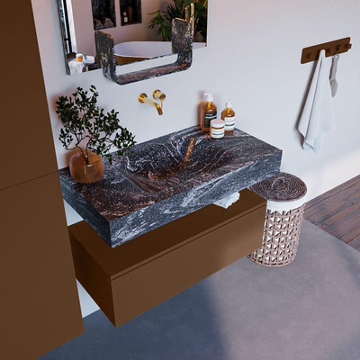 Mondiaz ALAN-DLUX Ensemble de meuble - 90cm - meuble Rust mat - 1 tiroir - Lavabo Cloud Lava suspendu - vasque Centre - 0 trous de robinet