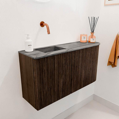 Mondiaz JOYA-DLUX 81.6cm toiletmeubel - ronding rechts kleur Walnut - Wastafel FAYE positie Links Zonder kraangat kleur Sombra.