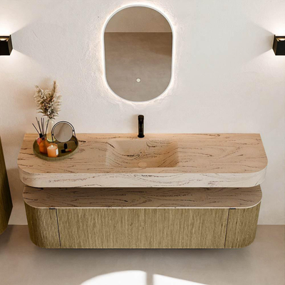 MONDIAZ THOR-DLUX 170cm meuble de salle de bains arrondi gauche + droite couleur Dusk avec 1 tiroir et 2 portes. Vasque suspendue CLOUD Milieu 1 trou de robinet couleur Arena.