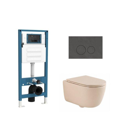 QeramiQ Dely Swirl Ensemble de WC - réservoir encastré Qeramiq Flush - abattant slim - plaque de commande en pierre naturelle marbre foncé - boutons ronds - beige